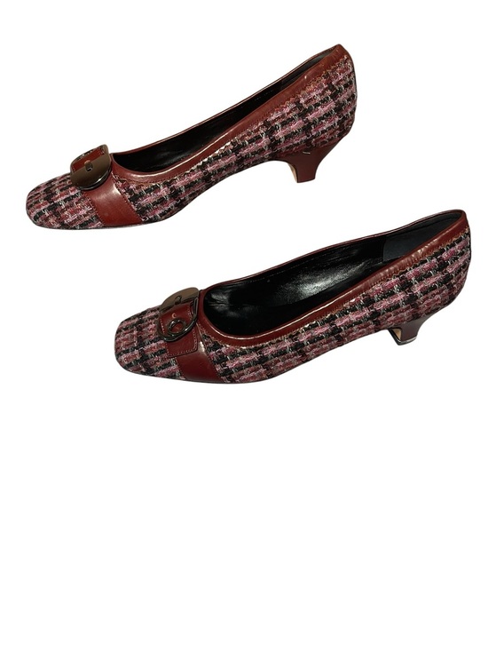 Van Eli Shoes - Van Eli Womens Pink Tweed Low Heel Pumps with Brown Trim